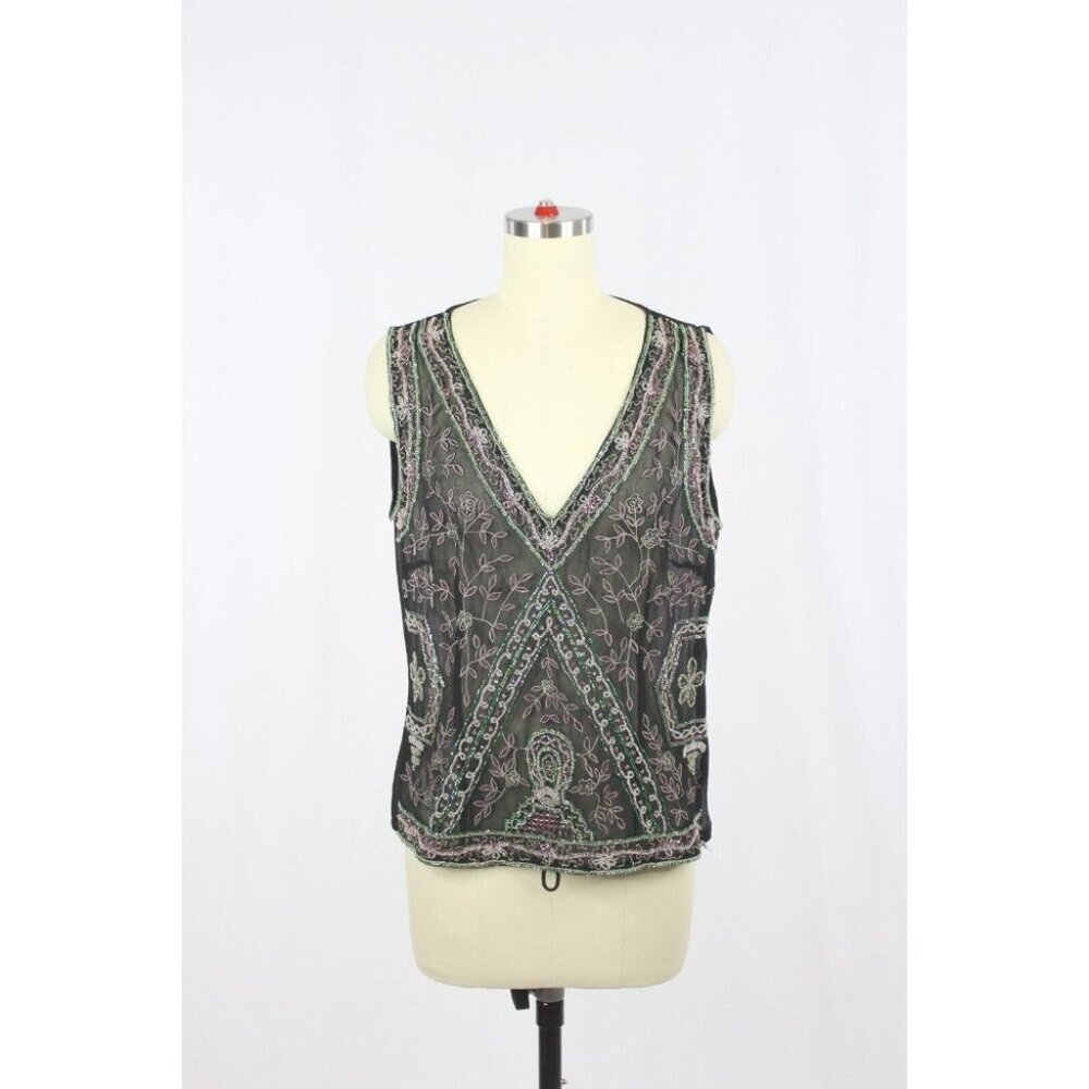 Vintage HENNES Black Sheer Georgette Embroidered Beaded Blouse Top, Size 40